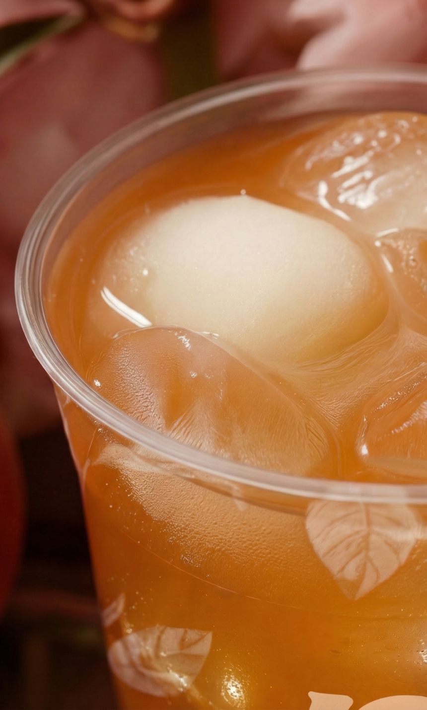 Garnished with white peach scoops.