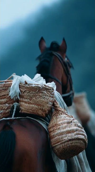 A horse carrying baskets of tea on a mountain path